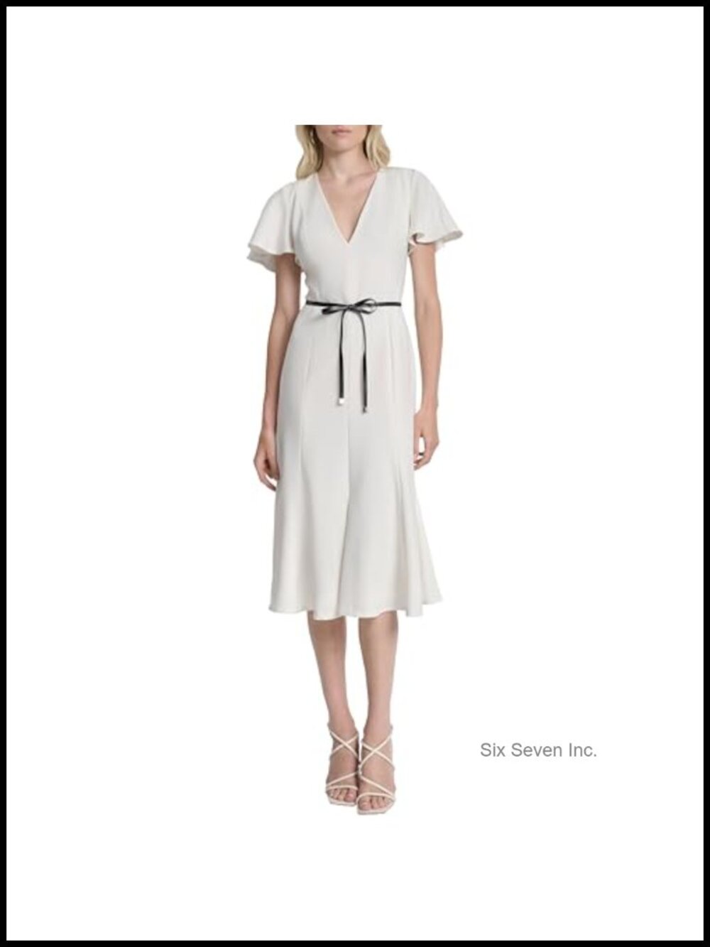 Women's Short Flutter Sleeve V-Neck Fit and Flare Midi Dress with Removable Tie